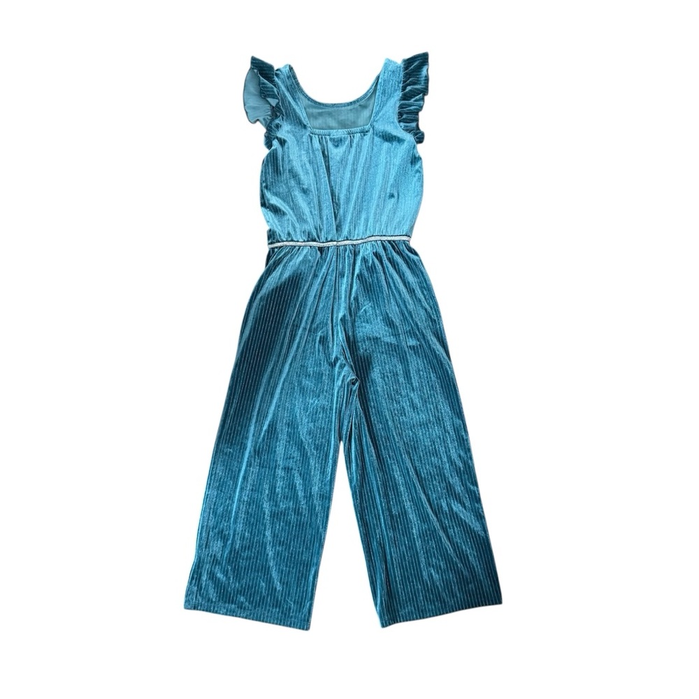 Cat & Jack Girls Dark Teal Velour Velvet Ruffle Jumpsuit Romper Sz Large - Picture 2 of 9